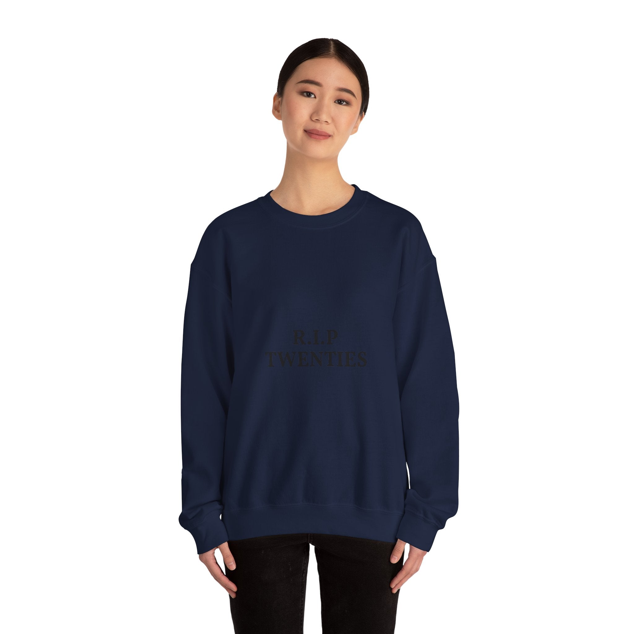 Person wearing a navy blue sweatshirt on a white background