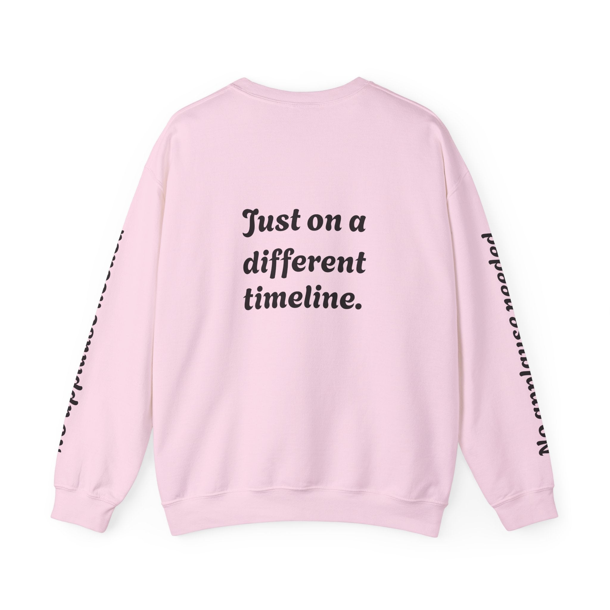 Crewneck Sweatshirt — "Not Behind" / "Just on a different timeline." Inspirational Graphic Pullover