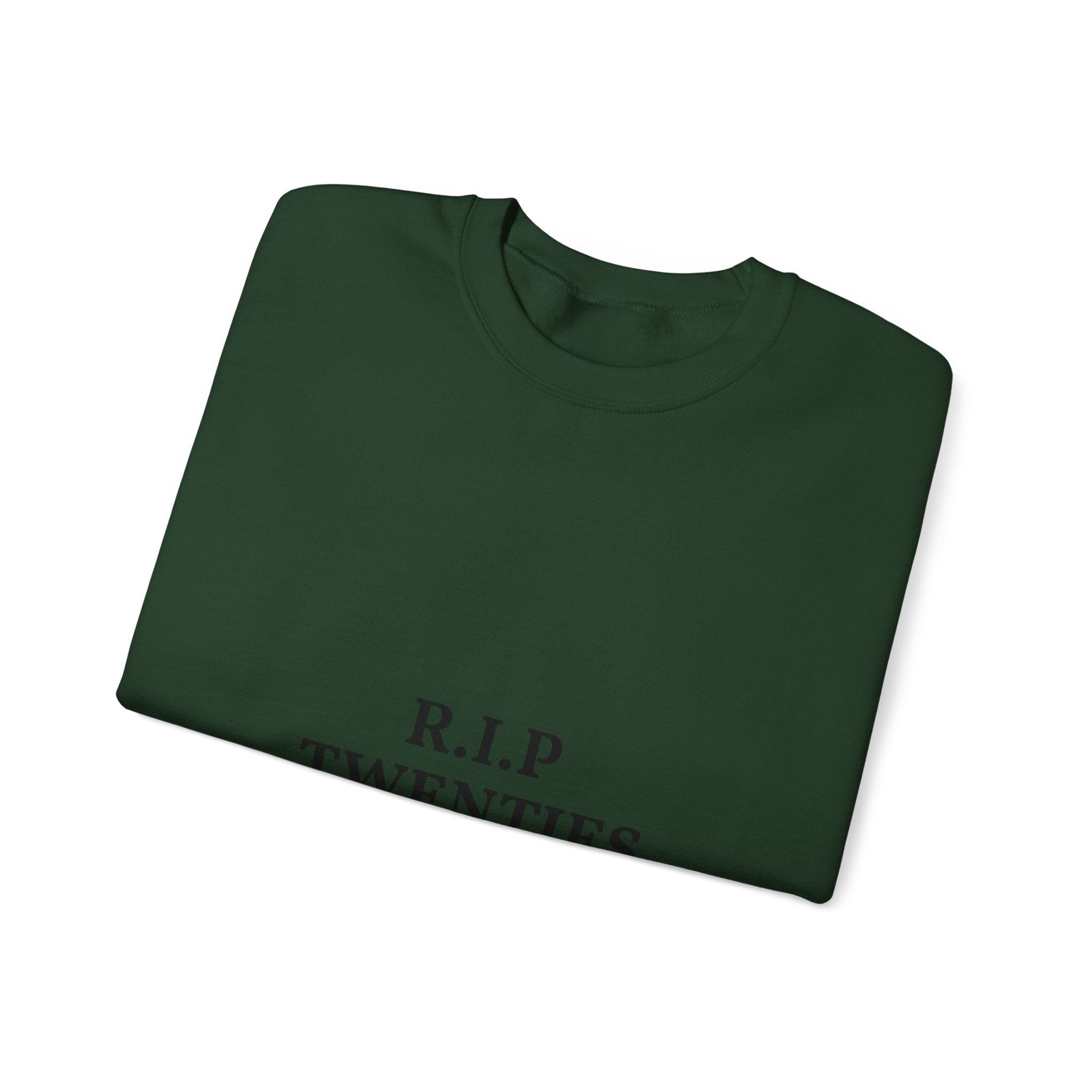 Folded black sweatshirt with'R.I.P TWENTIES'  text on a white background