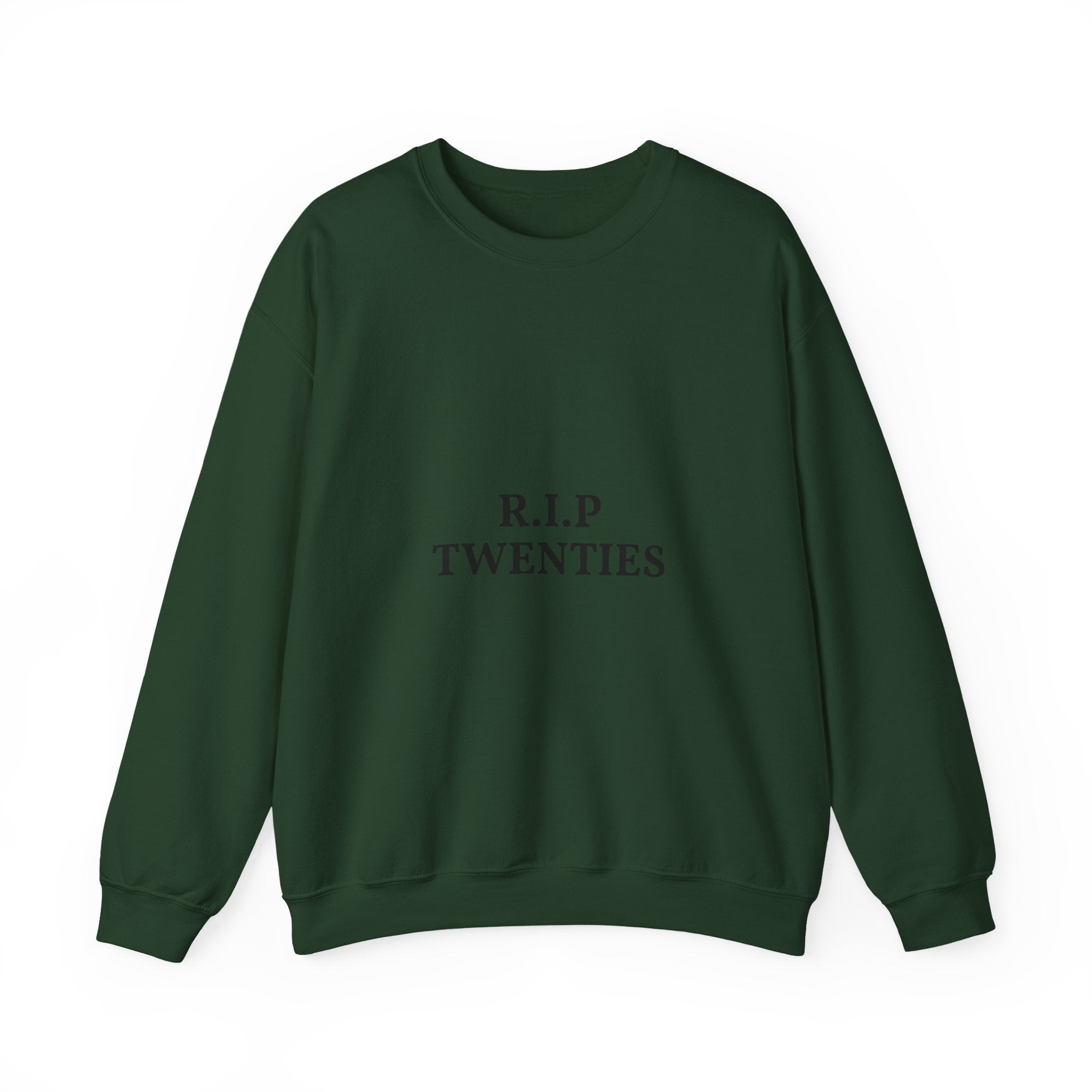 Green sweatshirt with 'R.I.P TWENTIES'  text on a white background