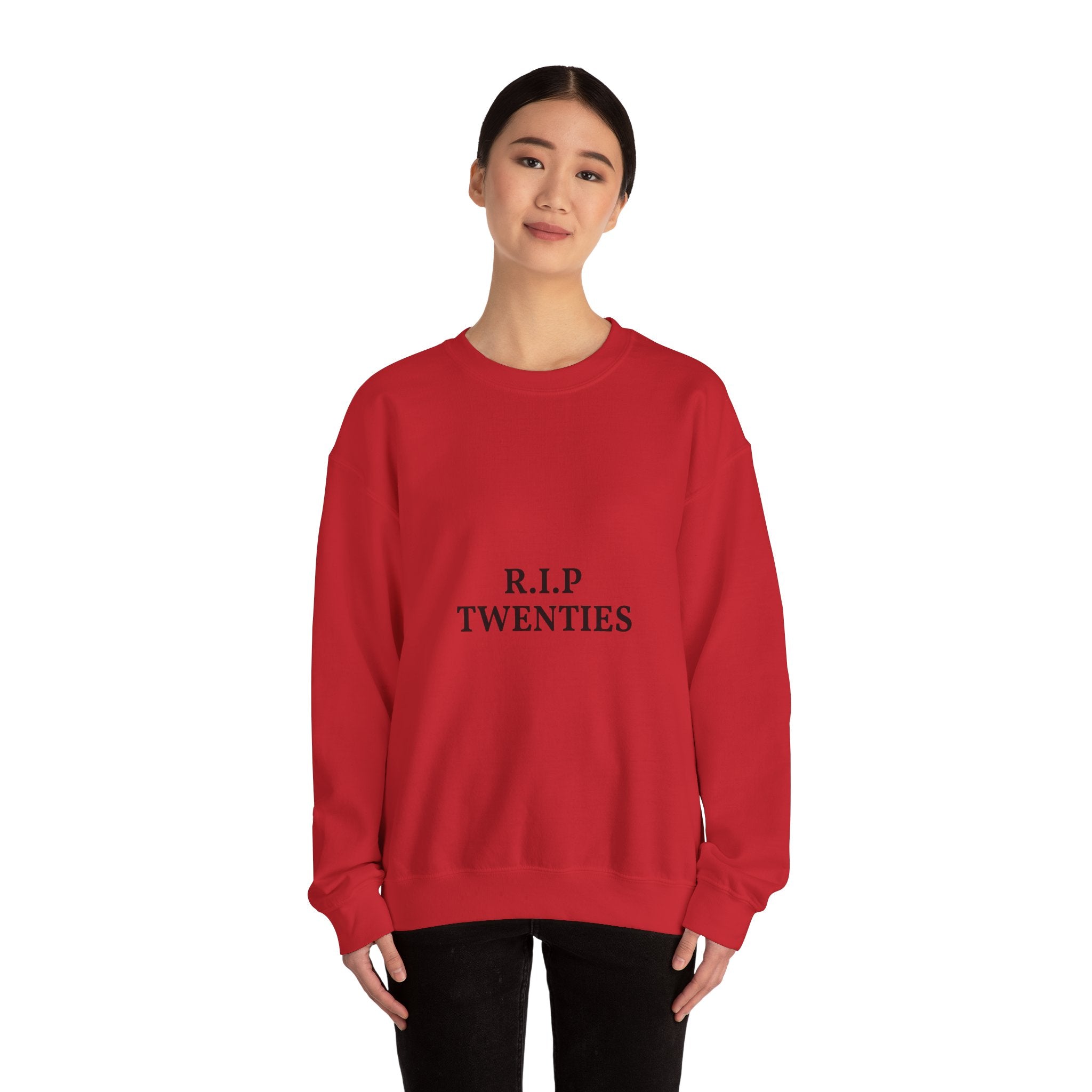 Person wearing a red sweatshirt with 'R.I.P TWENTIES'  text on a white background