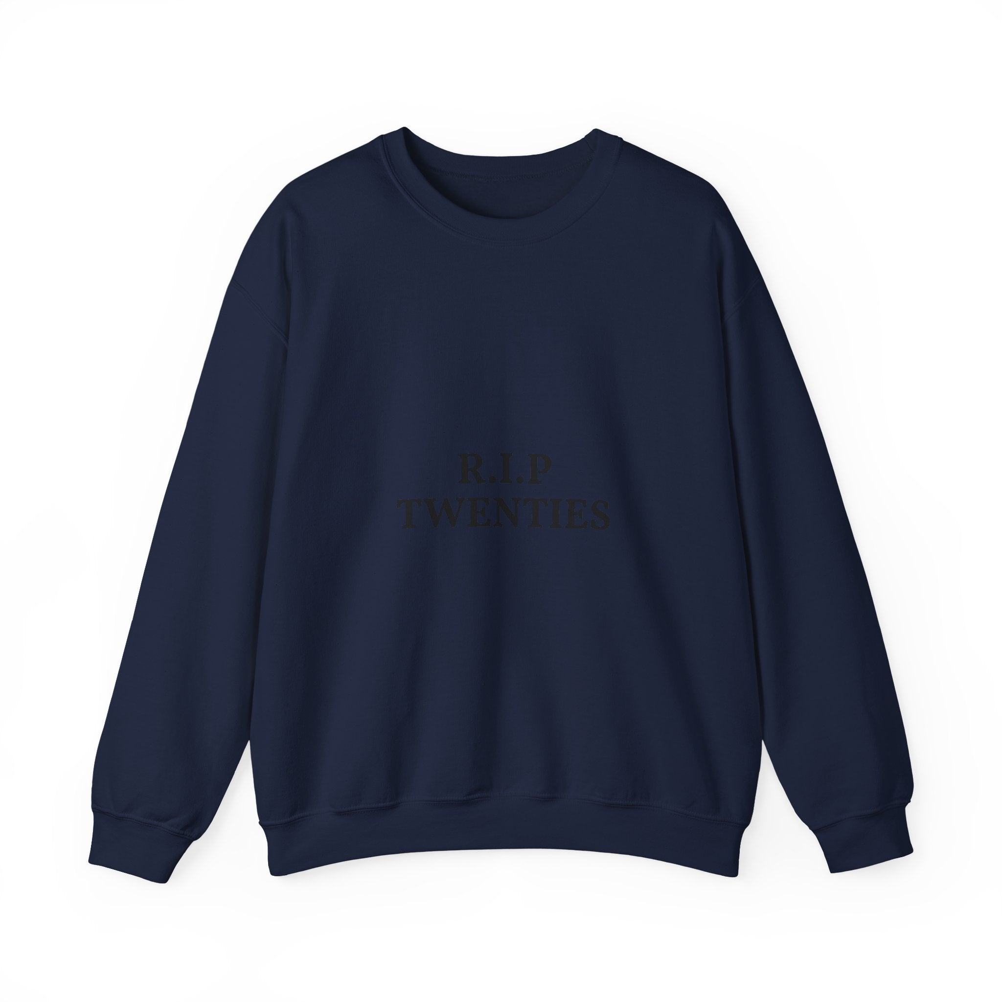 Navy blue sweatshirt with text 'R.I.P TWENTIES' ' on a white background