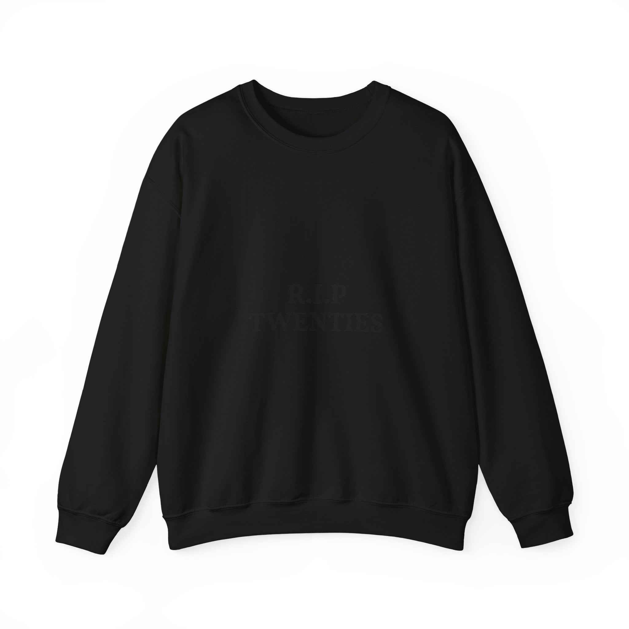 Black sweatshirt with ''R.I.P TWENTIES'  text on a white background