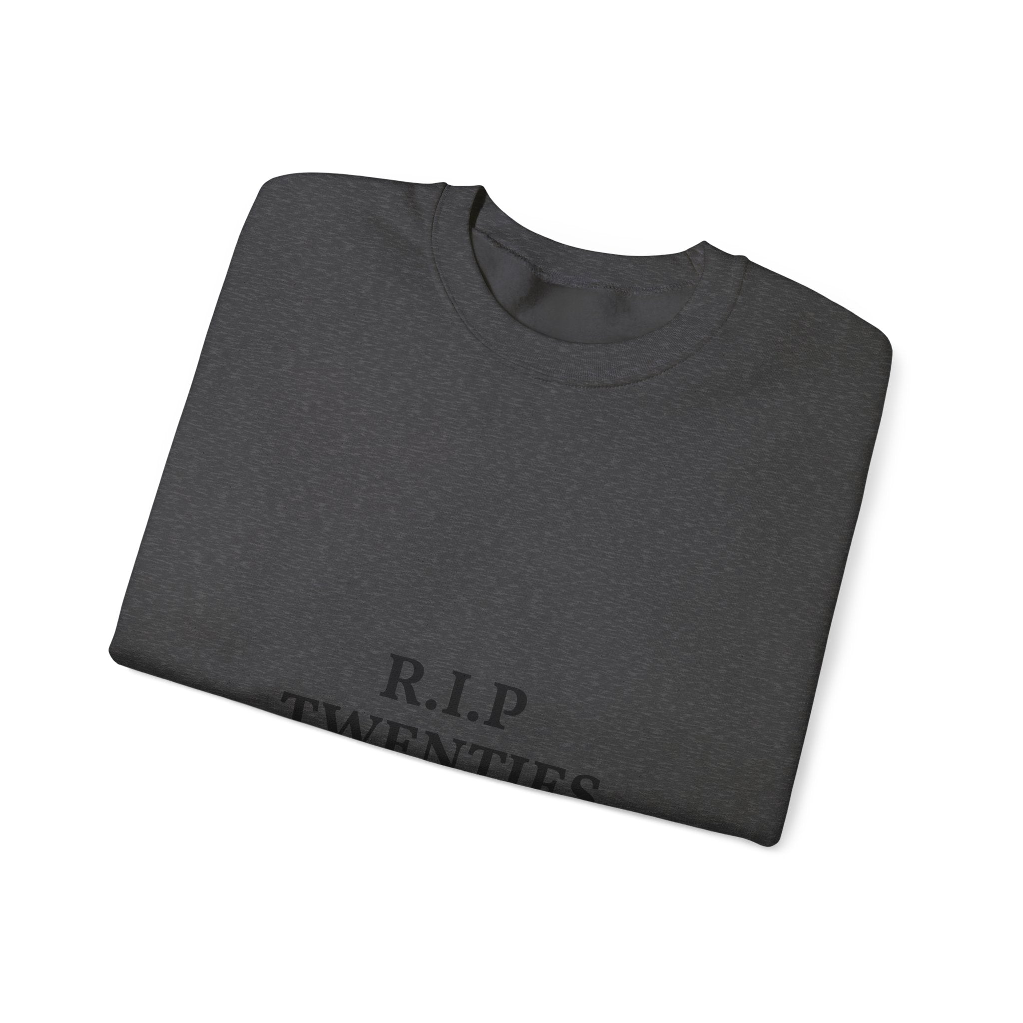Folded black sweatshirt with 'R.I.P TWENTIES'  text on a white background