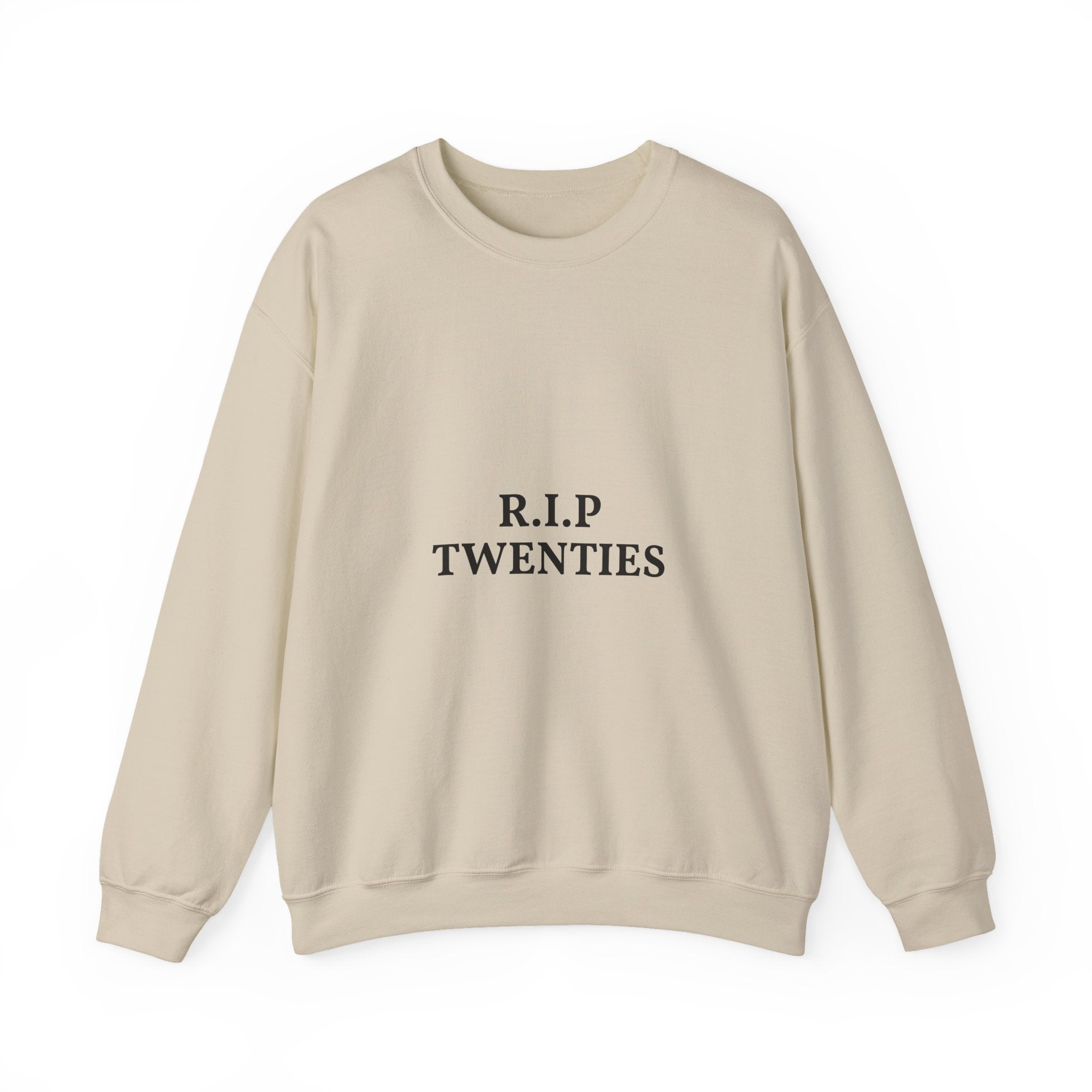 Beige sweatshirt with a colorful graphic and text on a white background